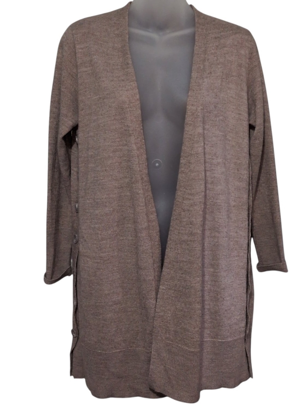 Tahari Merino Wool Cardigan Large Stretch Taupe Longline Layer Button Accent